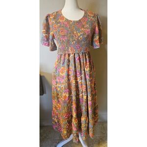 CzzzYL Retro Floral Smocked Bodice Tiered Midi Dress Orange Blue Pink Size M